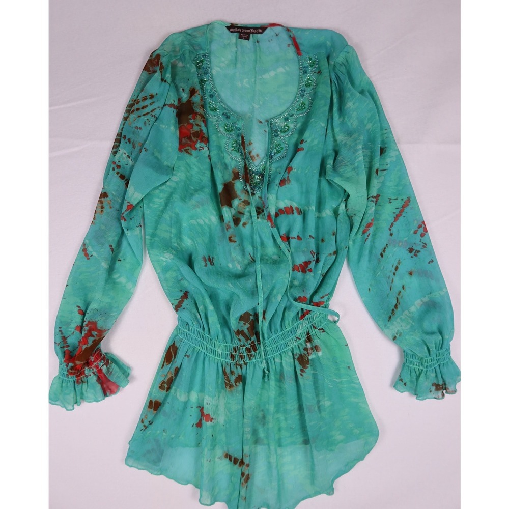 Mushka By Sienna Rose Beaded Tie Dye Smocked Tunic Top Teal Blue Large